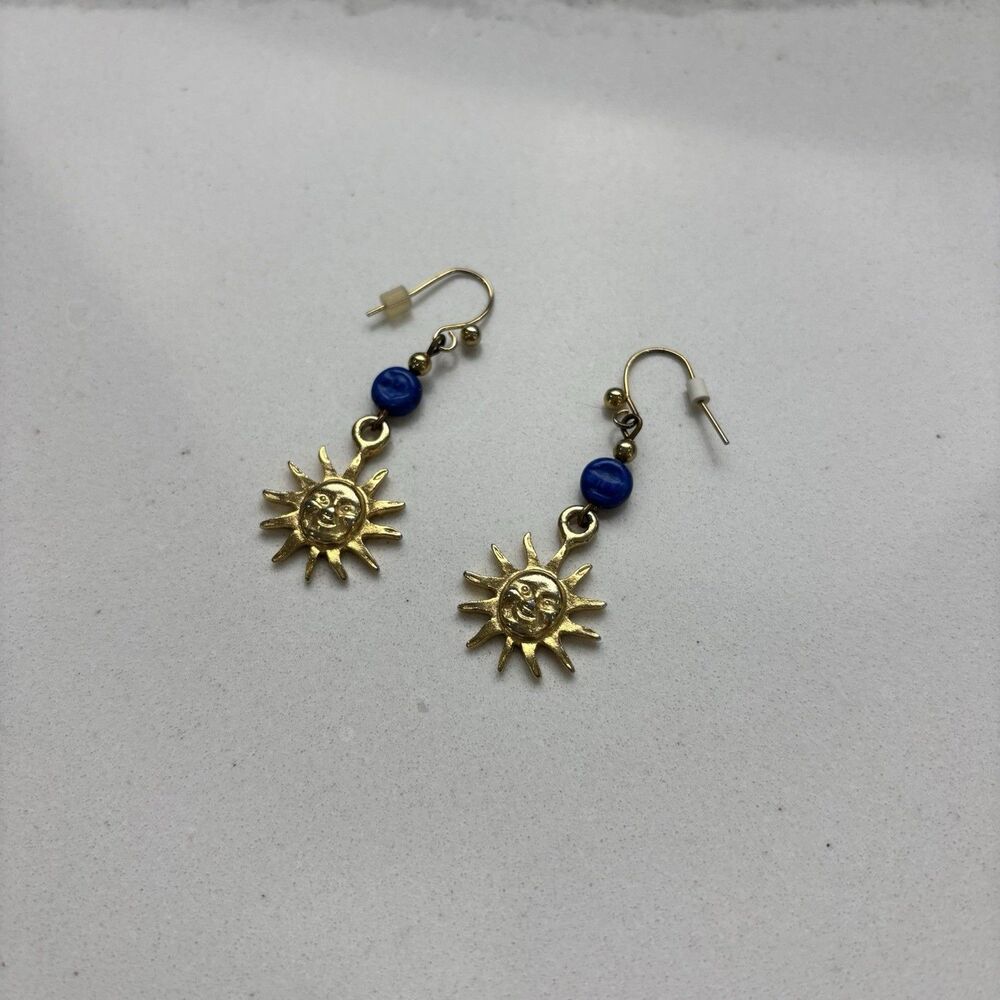 Celestial Sun Face Dangle Earrings Gold Tone Blue Sunburst Cosmic Boho Jewelry - Picture 3 of 7